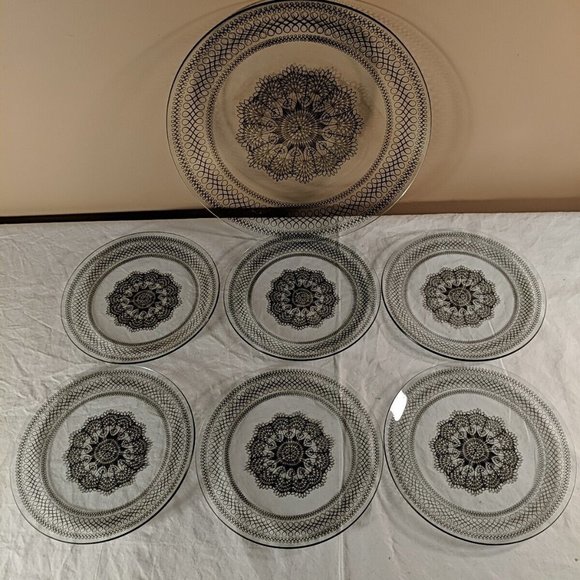 1951 Chance Glass Serving Plate and 6 dessert plates, set of 7 Black Lace - Picture 1 of 13